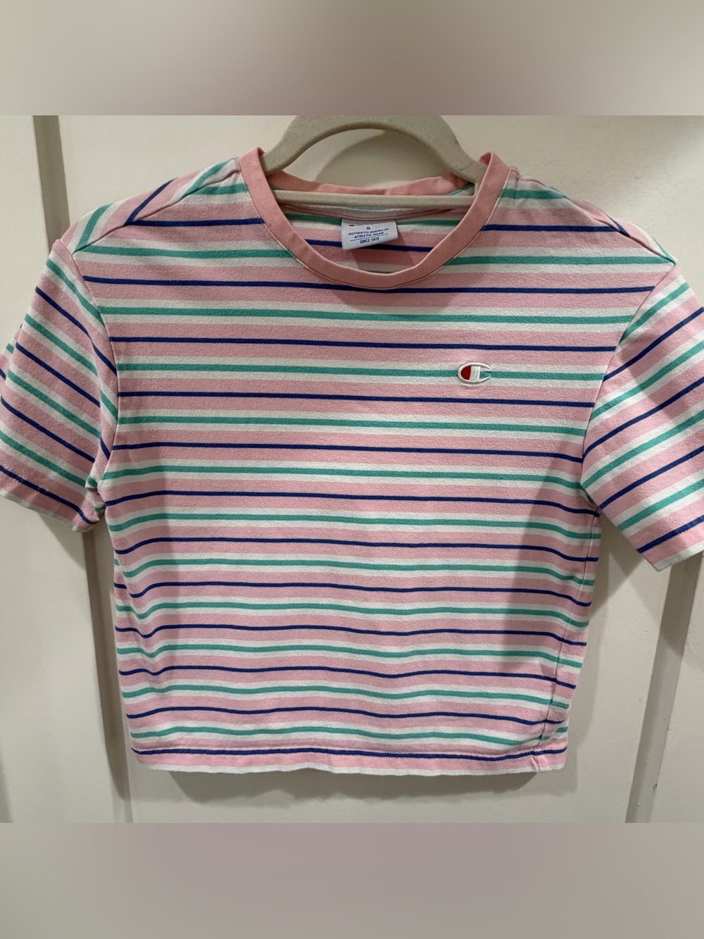 Champion Pink Striped Short Sleeve Tee with Mint & Navy Accents